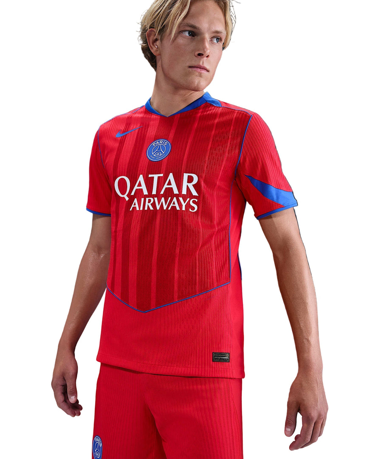 Nike Men's Paris Saint-Germain Authentic Khvicha Kvaratskhelia Third Jersey w/ Champions League Patches 25/26 (Sport Red/Hyper Royal)