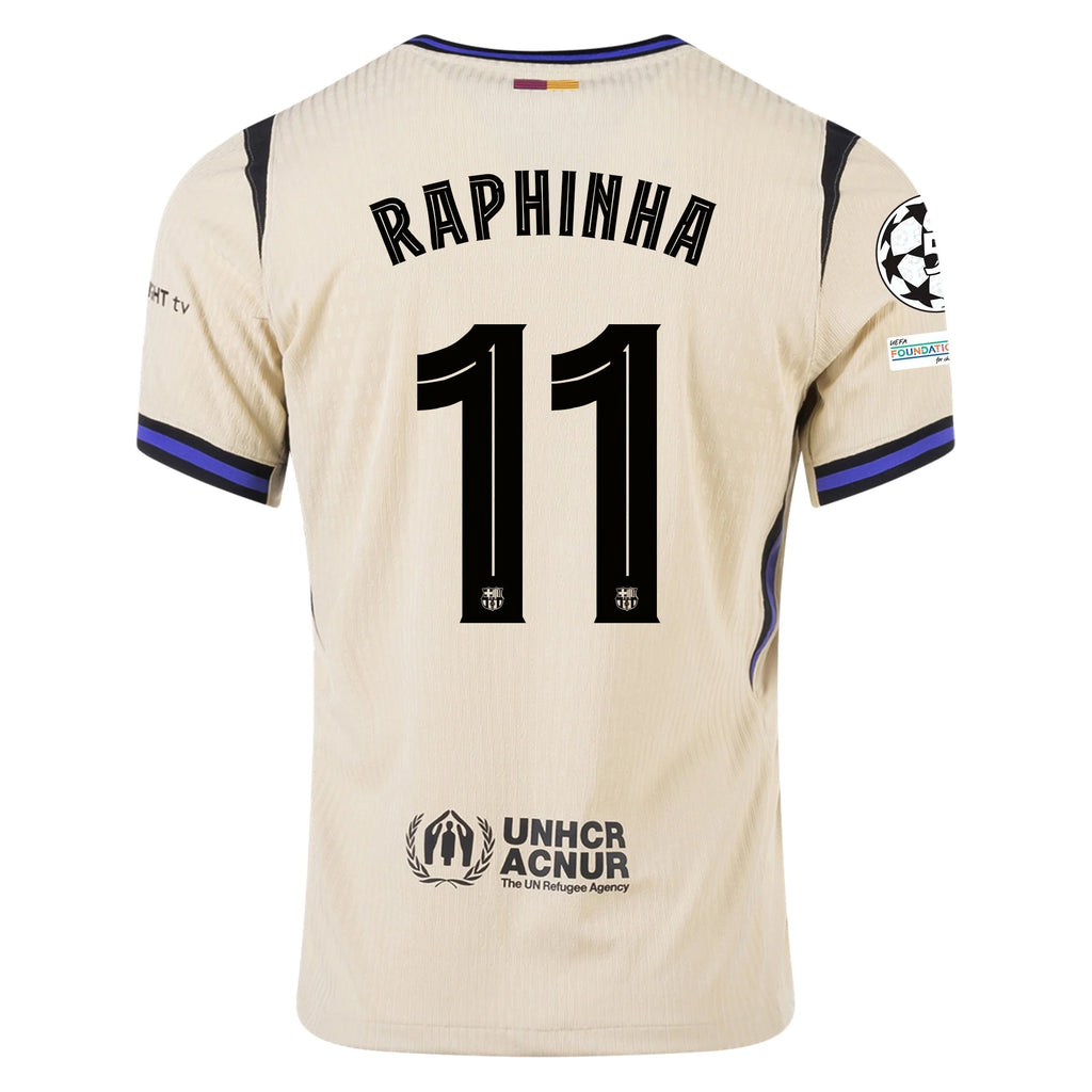 Nike Raphinha Men's FC Barcelona Authentic Away Jersey w/ Champions League Patches (Team Gold/Persian Violet/Black)