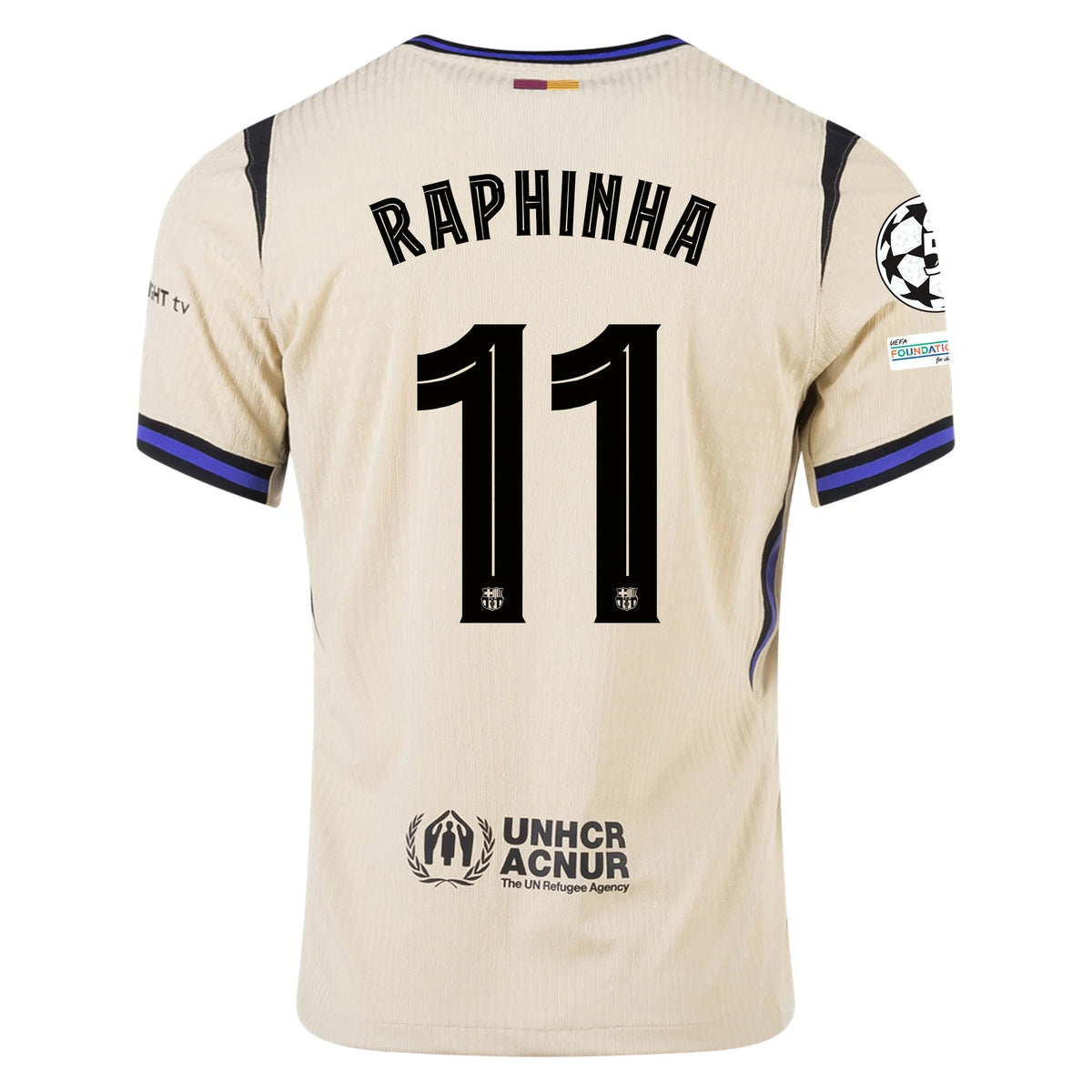 Nike Raphinha Men's FC Barcelona Authentic Away Jersey w/ Champions League Patches (Team Gold/Persian Violet/Black)