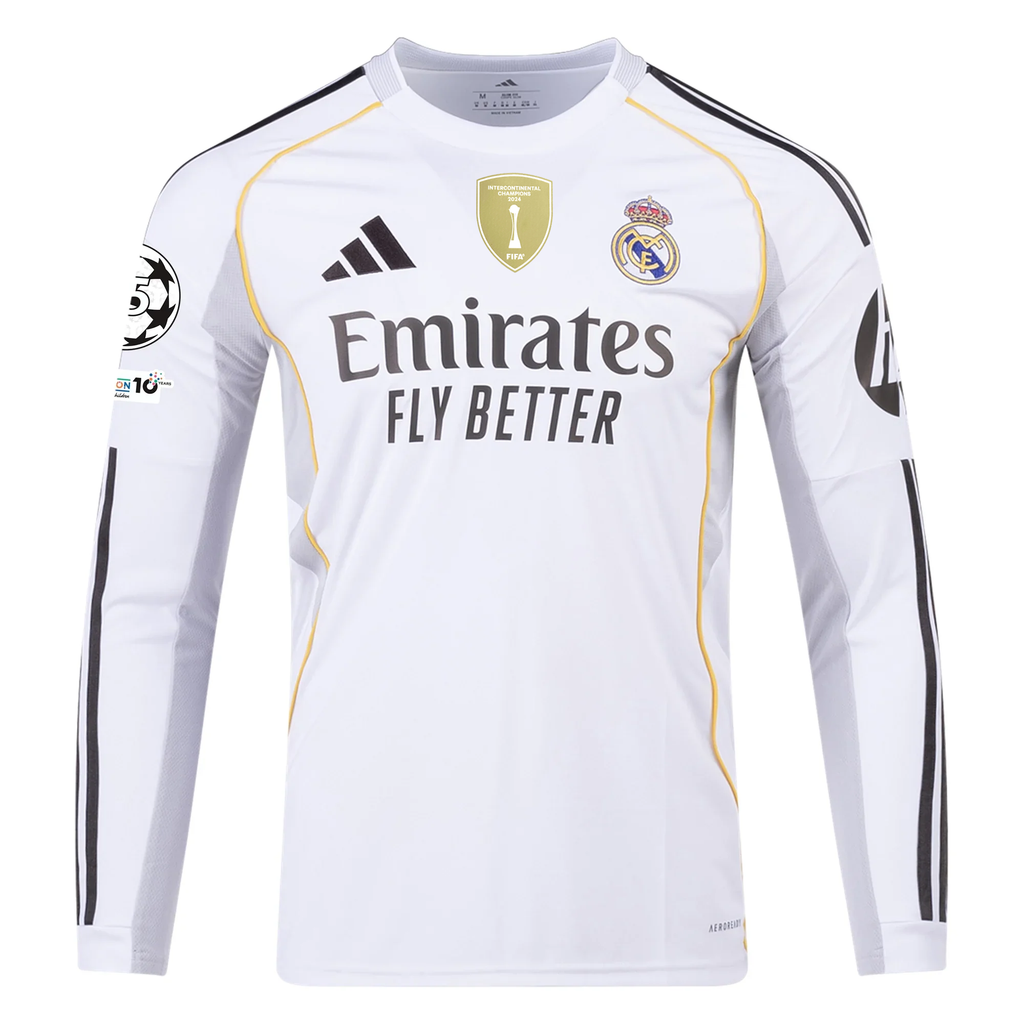 adidas Real Madrid E. Militao Long Sleeve Home Jersey w/ Intercontinental + Champions League Patches 25/26 (White)