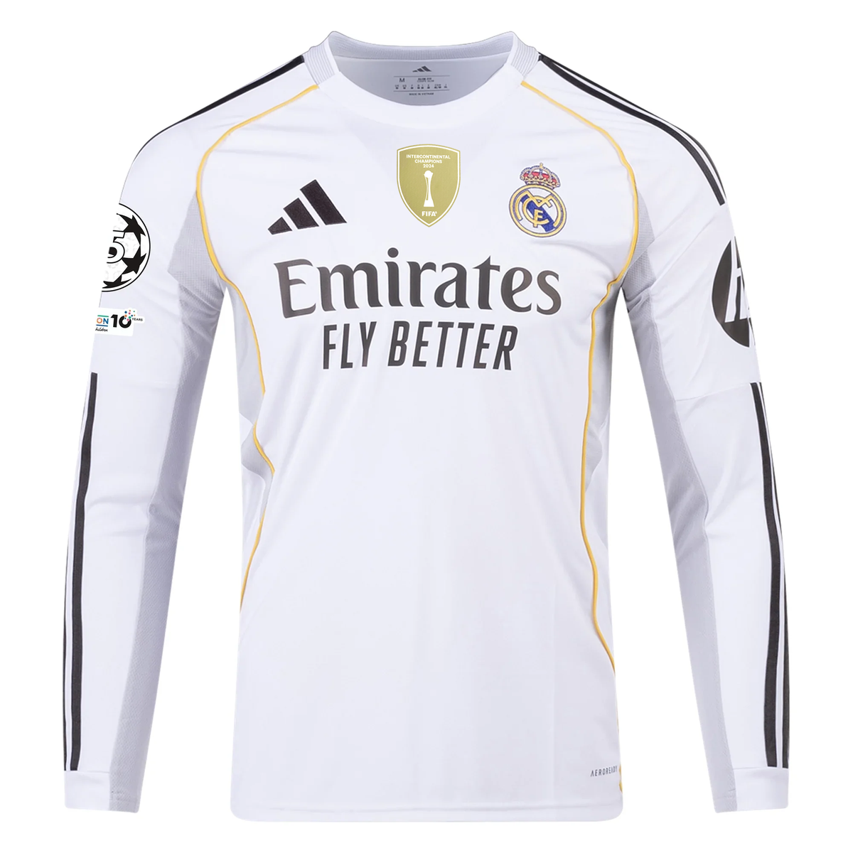 adidas Real Madrid Mbappe Long Sleeve Home Jersey w/ Intercontinental + Champions League Patches 25/26 (White)