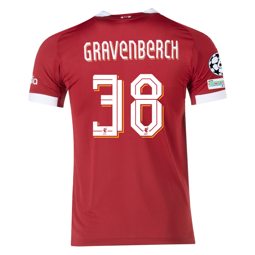 adidas Men's Liverpool FC Authentic Gravenberch Home Jersey 25/26 w/ Champions League Patches (Strawberry Red)