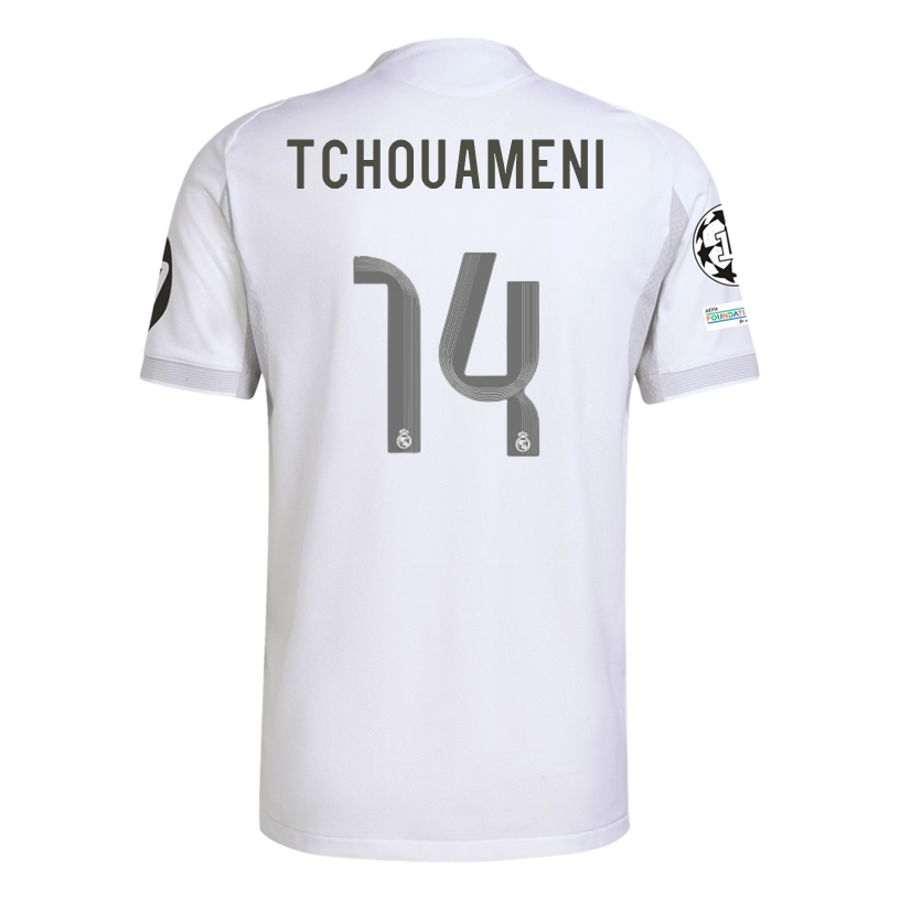 adidas AurÃ©lien TchouamÃ©ni Real Madrid 25/26 Home Jersey w/ Champions League Patches (White)