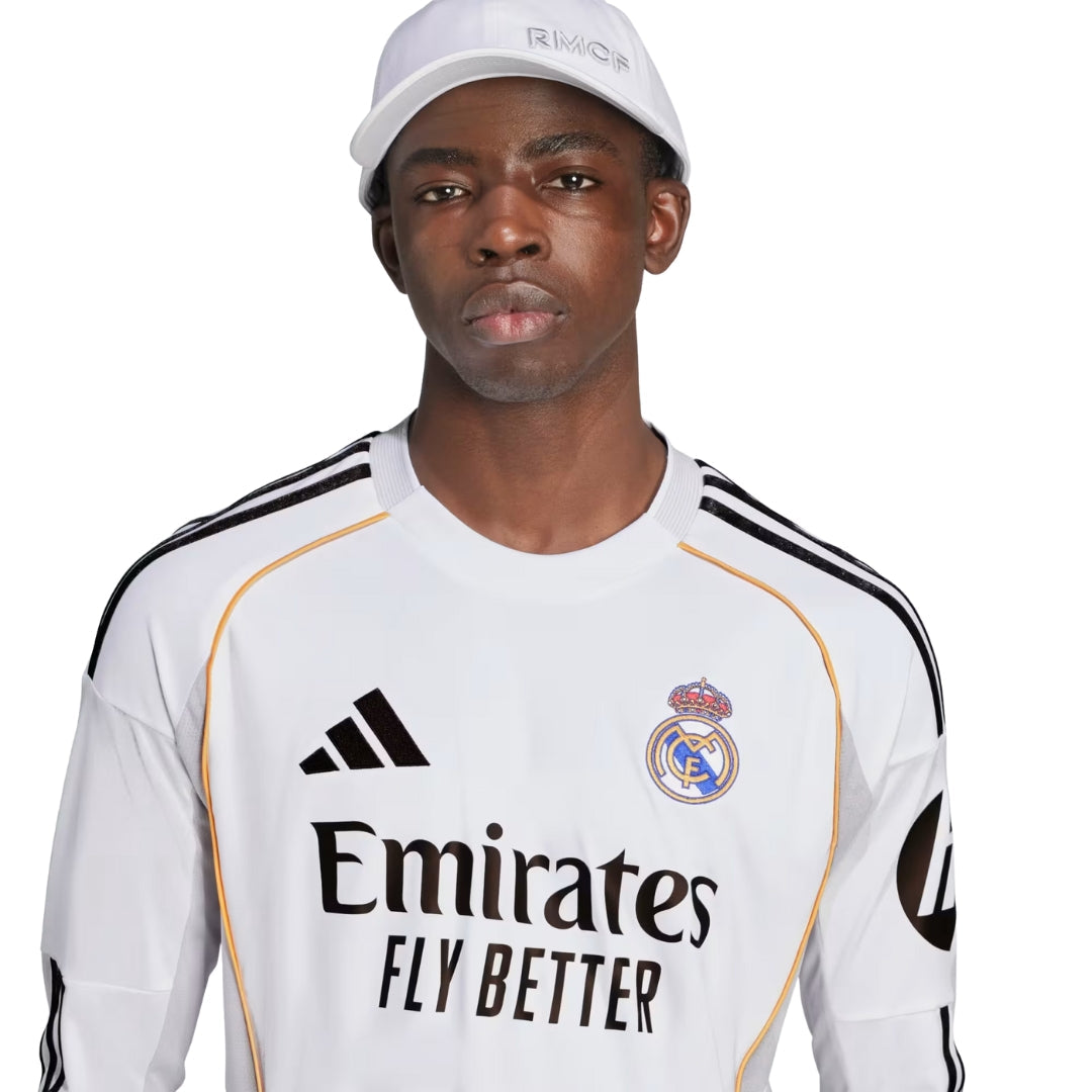 adidas Real Madrid Mbappe Long Sleeve Home Jersey w/ Intercontinental + Champions League Patches 25/26 (White)