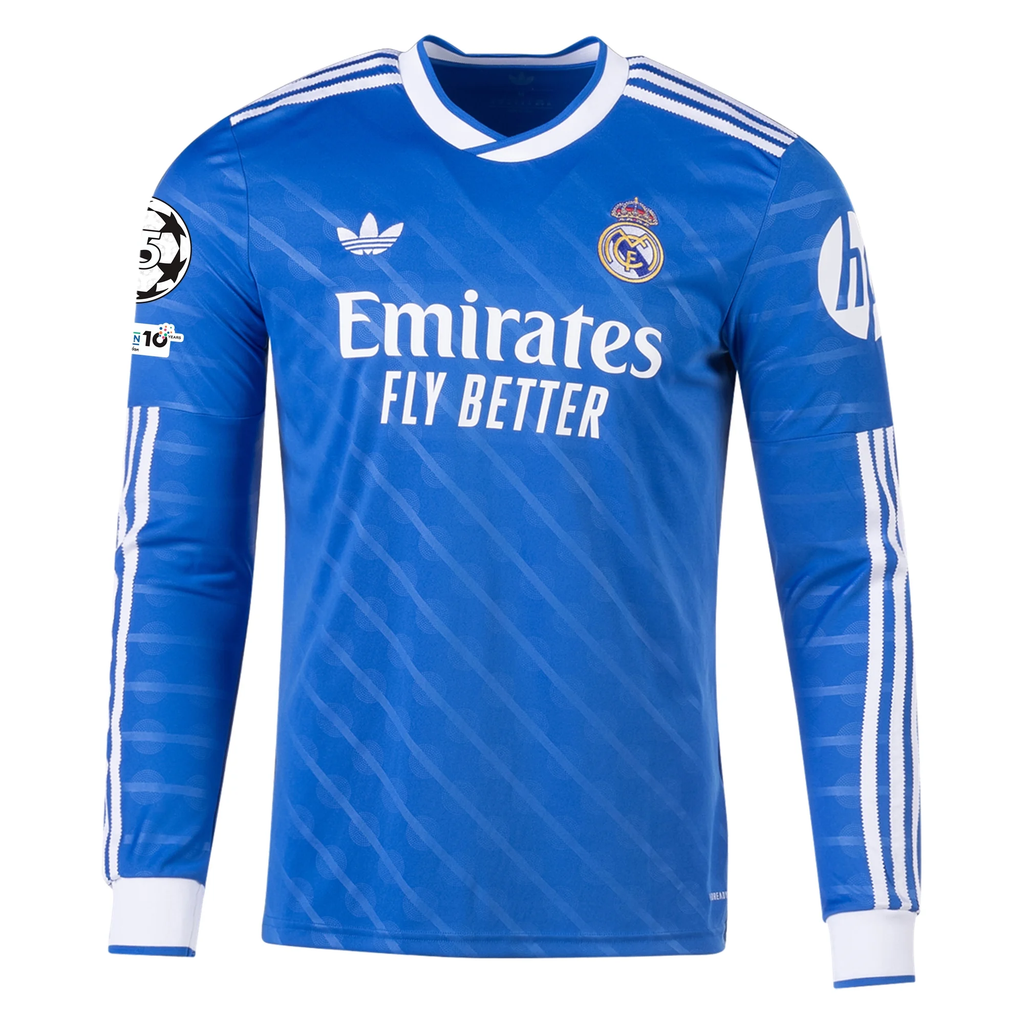 adidas Men's Real Madrid E. Militao Long Sleeve Third Jersey w/ Champions League Patches 25/26 (Blue/White)