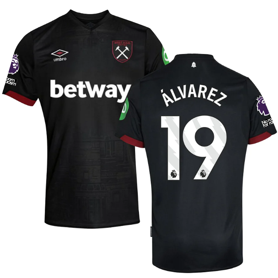 Umbro West Ham Edson Ãlvarez Away Jersey w/ EPL + No Room For Racism Patches 24/25 (Black)