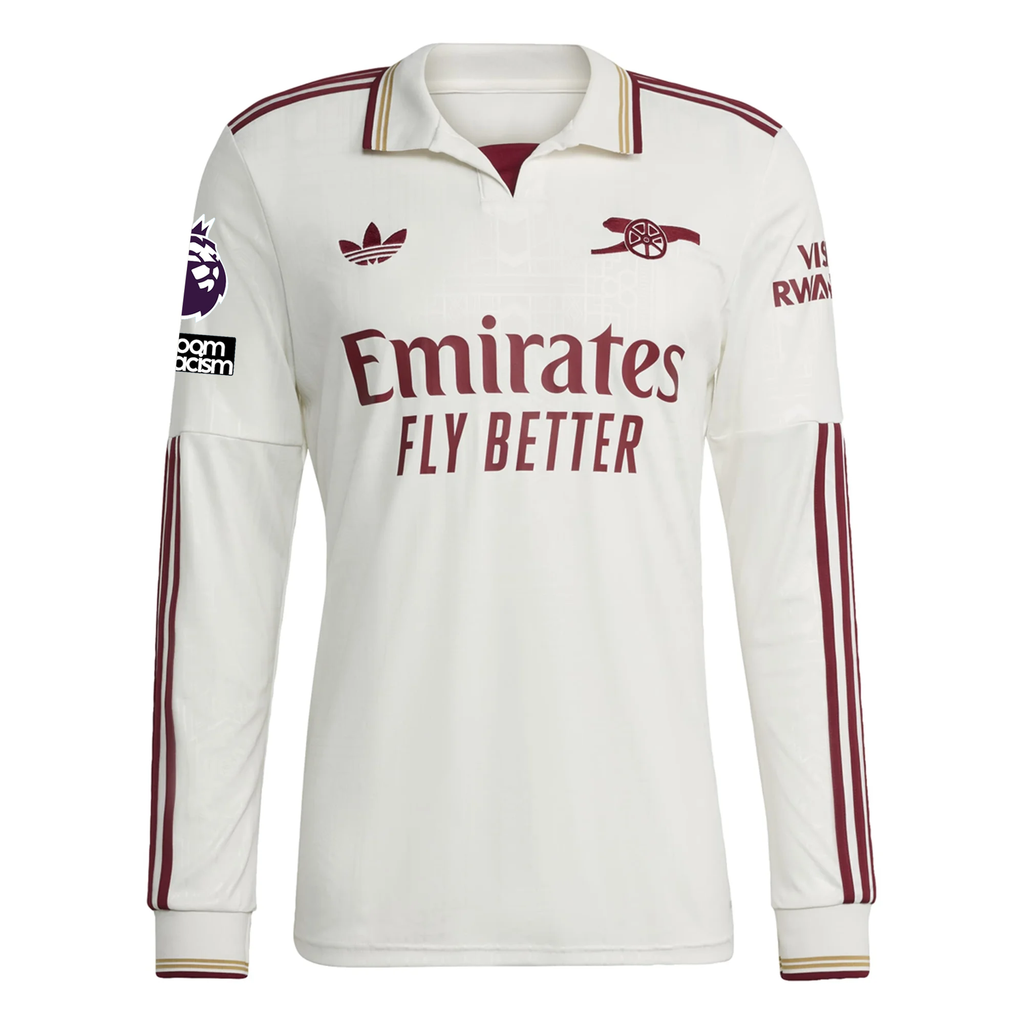 adidas Arsenal Gabriel Third Long Sleeve Jersey w/ EPL + No Room For Racism 25/26 (White/Burgundy)