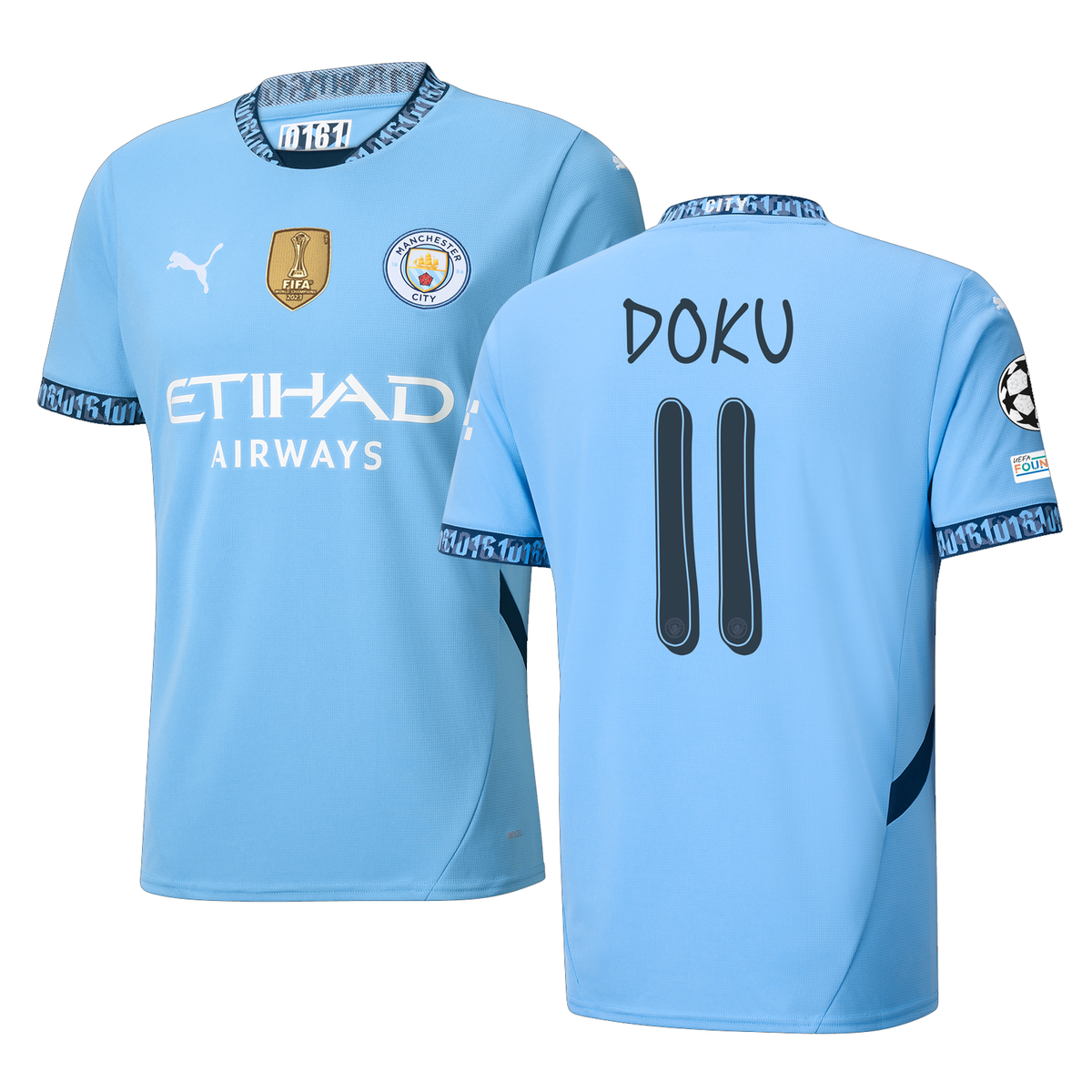 Puma Manchester JÃ©rÃ©my Doku Home Jersey w/ Champions League + Club World Cup Patch 24/25 (Team Light Blue/Marine Blue)