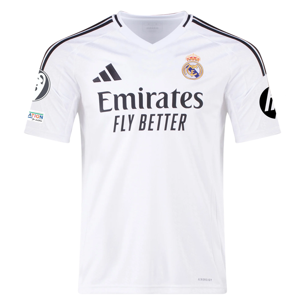 adidas Real Madrid AurÃ©lien TchouamÃ©ni Home Jersey 24/25 w/ Champions League Patches (White/Black)