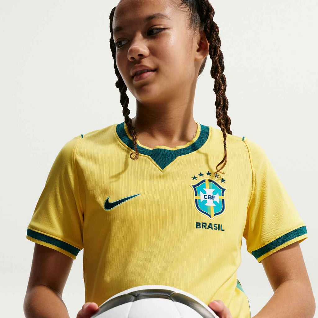 Nike Youth Brazil Vini Jr. Home Stadium Jersey 2026 (Yellow Canary/Teal)