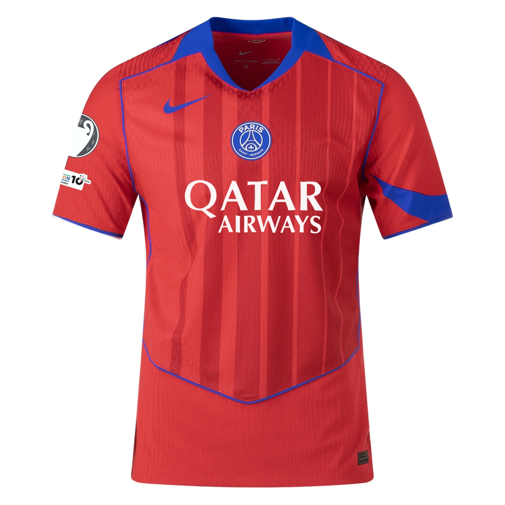 Nike Men's Paris Saint-Germain Authentic JoÃ£o Neves Third Jersey w/ Champions League Patches 25/26 (Sport Red/Hyper Royal)