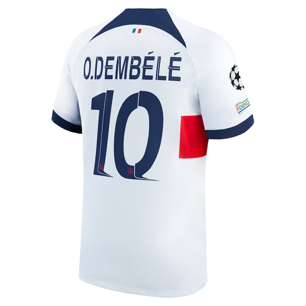 Nike Paris Saint-Germain Ousmane DembÃ©lÃ© Away Jersey w/ Champions League Patches 23/24 (White/Midnight Navy)