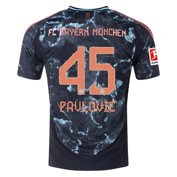 adidas Bayern Munich Aleksandar PavloviÄ‡ Away Jersey w/ Bundesliga Patch 24/25 (Black/Copper/Blue)