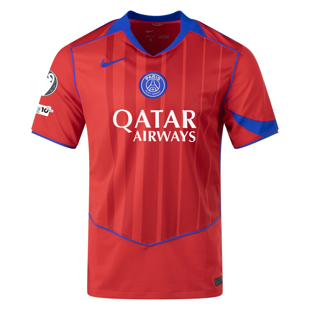 Nike Men's Paris Saint-Germain JoÃ£o Neves T90 Third Jersey w/ Champions League Patches 25/26 (Sport Red/Hyper Royal)