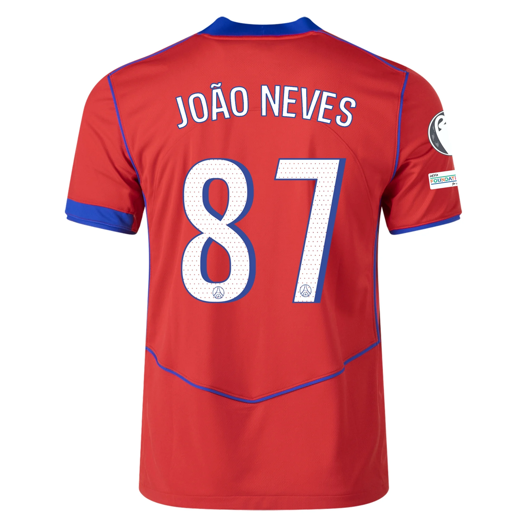 Nike Men's Paris Saint-Germain JoÃ£o Neves T90 Third Jersey w/ Champions League Patches 25/26 (Sport Red/Hyper Royal)