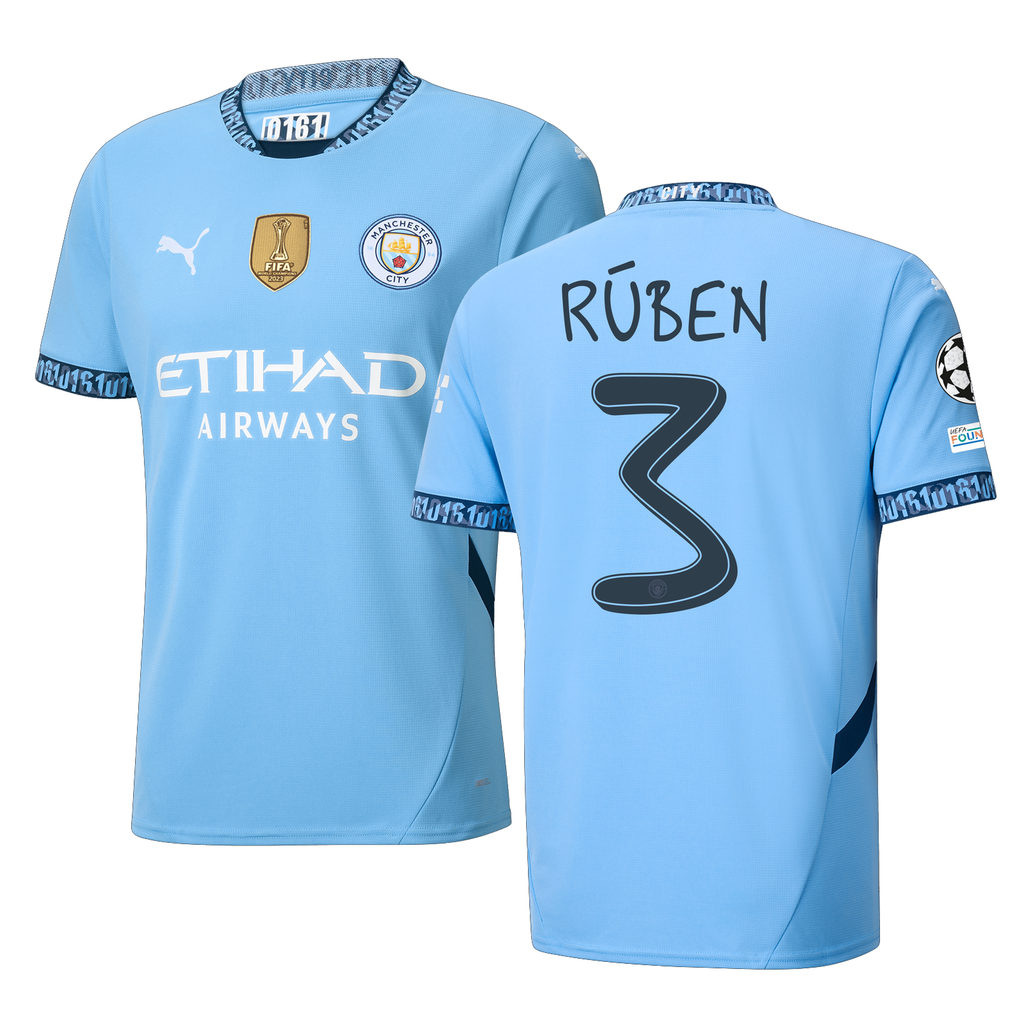 Puma Manchester City RÃºben Dias Home Jersey w/ Champions League + Club World Cup Patch 24/25 (Team Light Blue/Marine Blue)