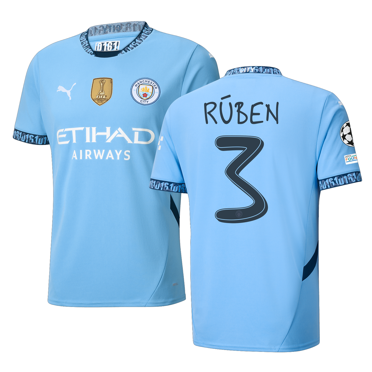 Puma Manchester City RÃºben Dias Home Jersey w/ Champions League + Club World Cup Patch 24/25 (Team Light Blue/Marine Blue)