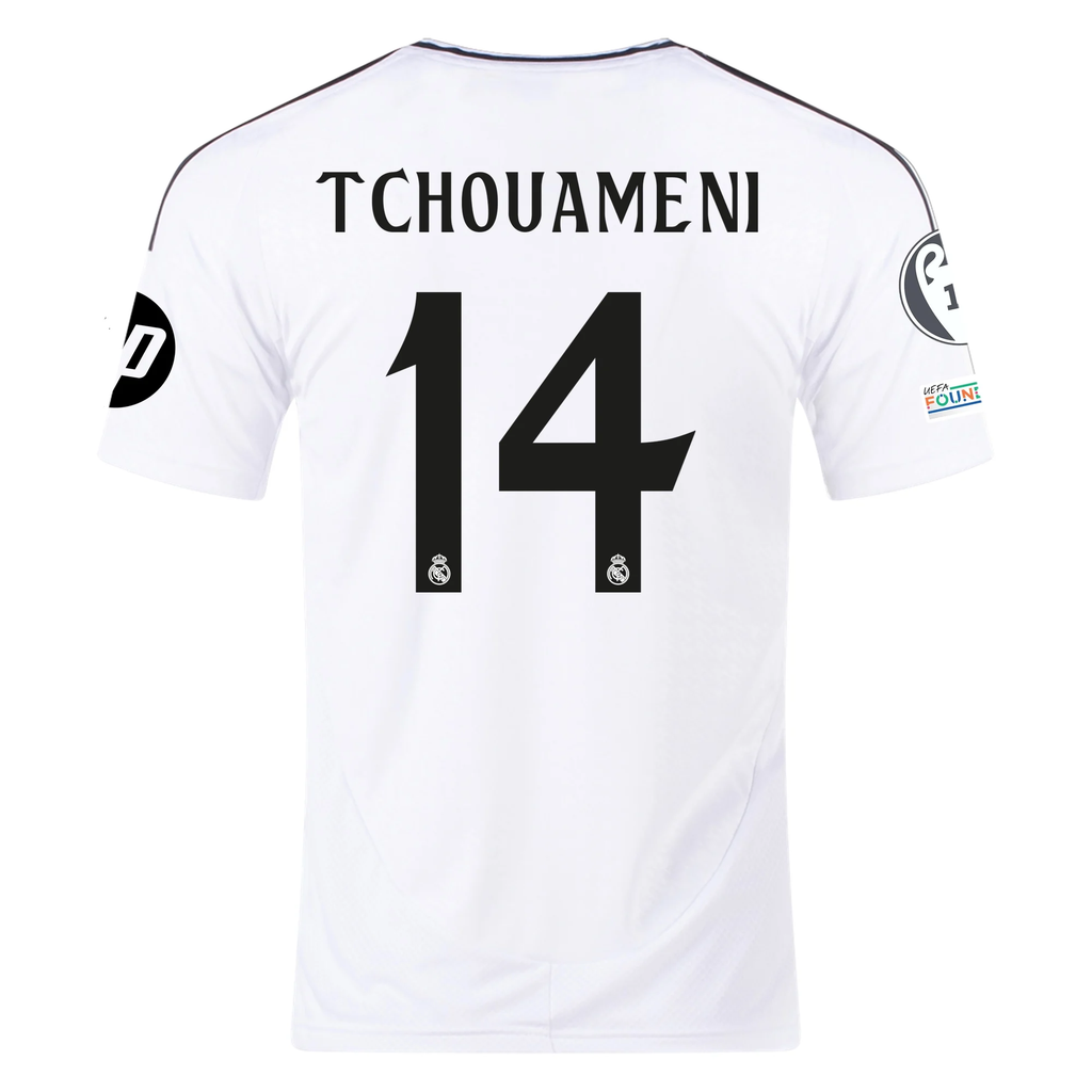 adidas Real Madrid AurÃ©lien TchouamÃ©ni Home Jersey 24/25 w/ Champions League Patches (White/Black)