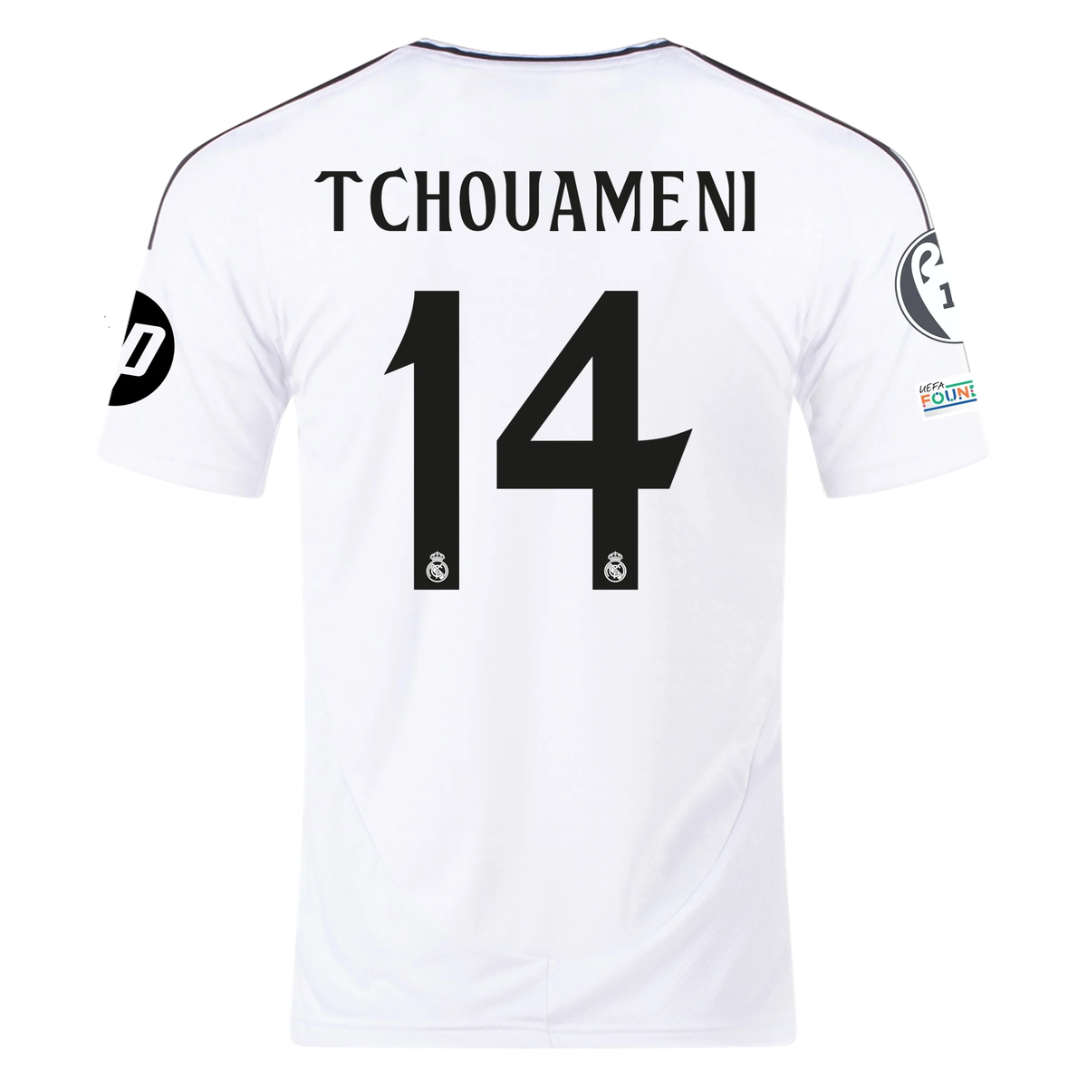 adidas Real Madrid AurÃ©lien TchouamÃ©ni Home Jersey 24/25 w/ Champions League Patches (White/Black)